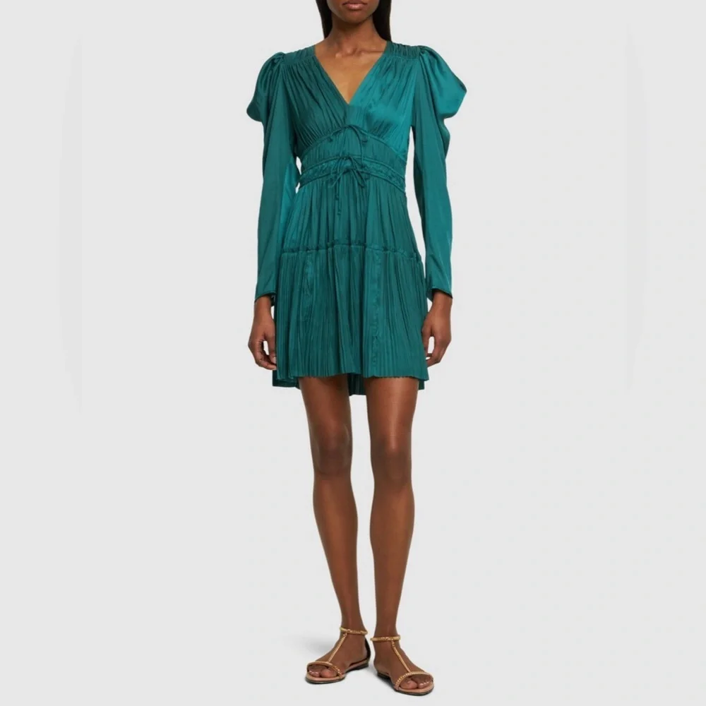 ULLA JOHNSON Lu Bow-Detailed Pleated Satin Mini Dress in Green sz US 0 NWT 590$ - Picture 8 of 14